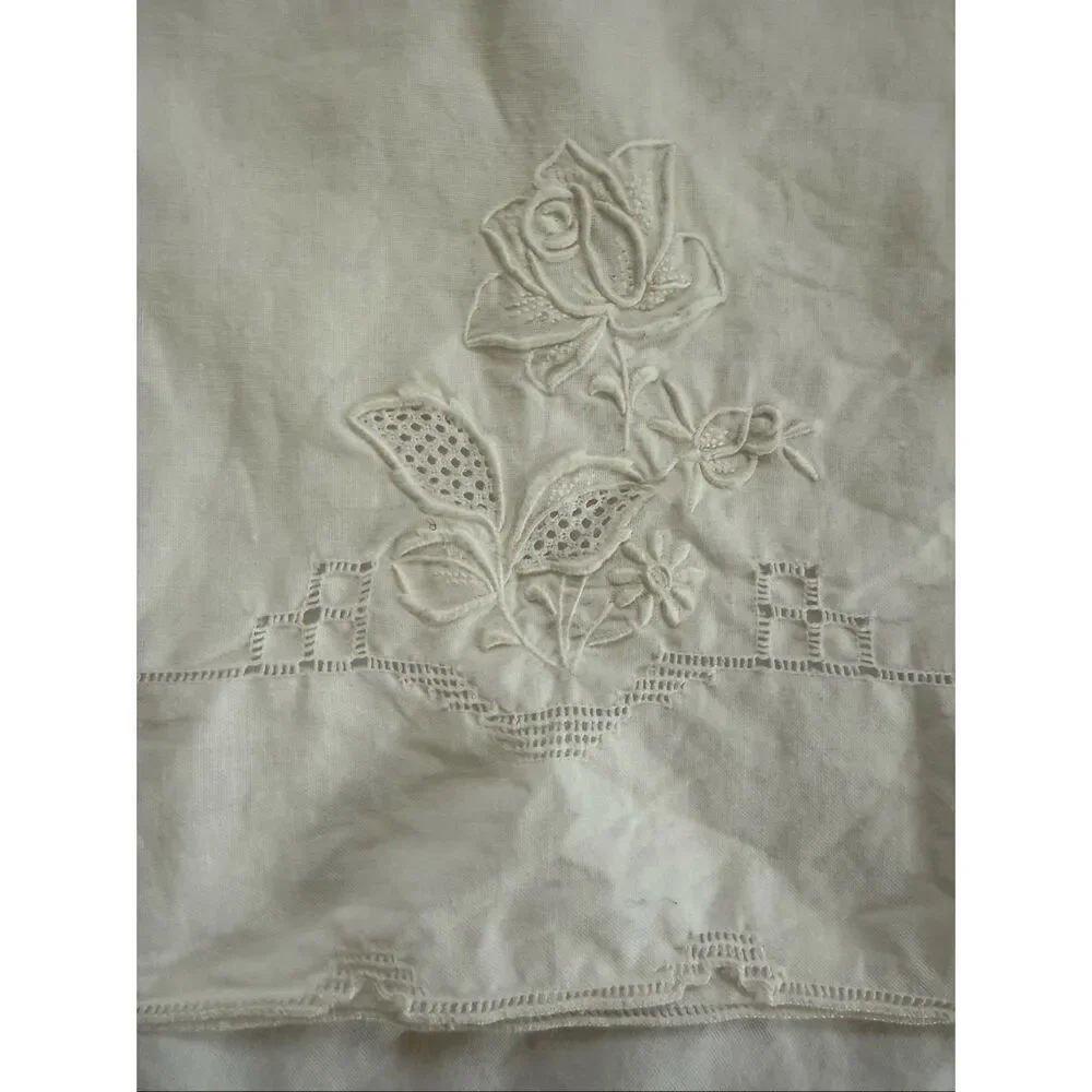 2 Vintage Queen Size Pillowcases Tonal Embroidered Floral Hemstitch Edge